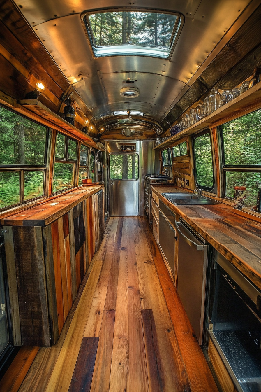 Short Bus Interior. Reclaimed pine floors, stainless steel kitchenette against evergreen forest backdrop.