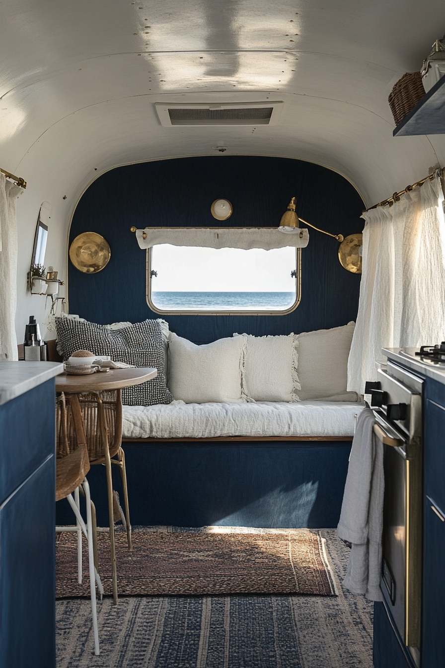 Travel Trailer Interior. Navy walls, white furniture, brass details, parked beachfront.