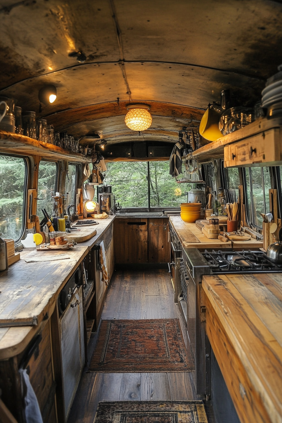 Short Bus Interior. Reclaimed wood counters, steel-panel walls, forest camping grounds.