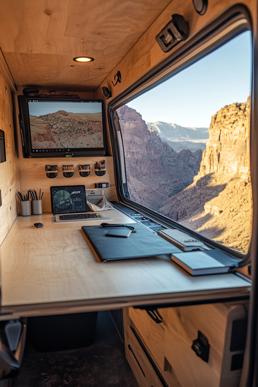 RAM Promaster. Maple-floating desk, hidden storage, window-facing desert canyon.