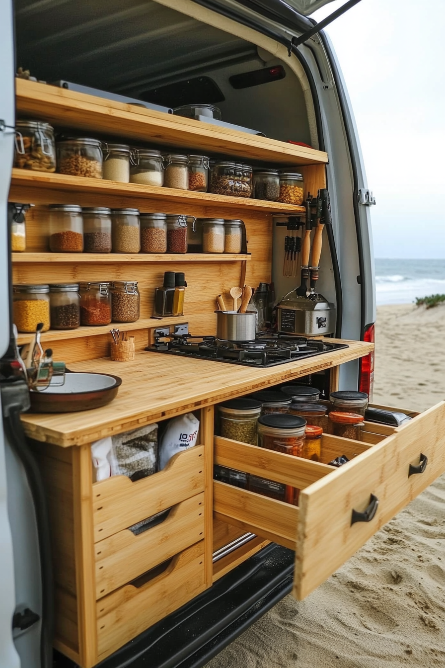 Mercedes Sprinter setup. Fold-down Bamboo counters, Vertical spice racks, Beachside cooking.