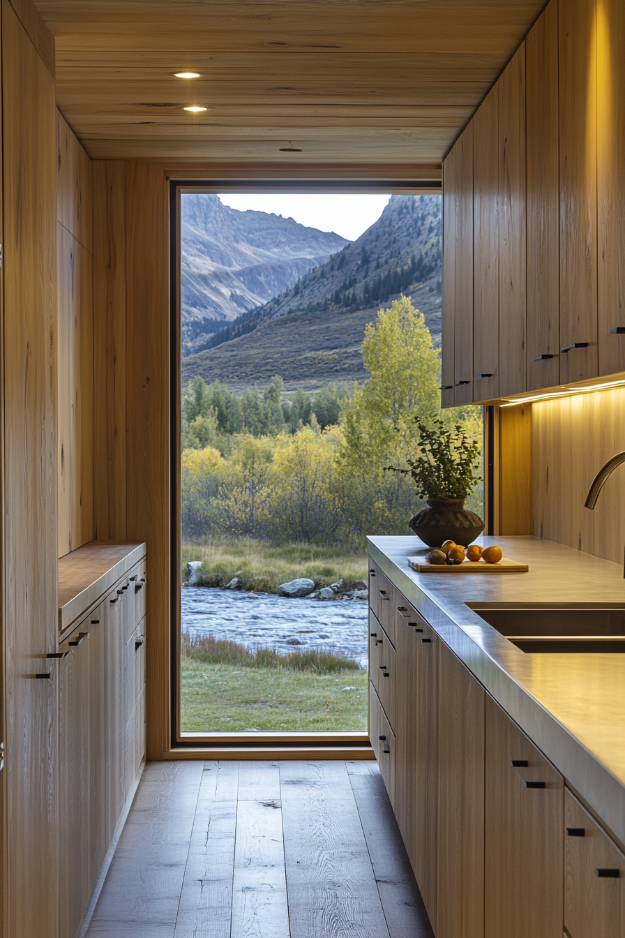 Dodge Ram Van interior. White oak cabinetry with hidden pulls overlooking a mountain stream camp.