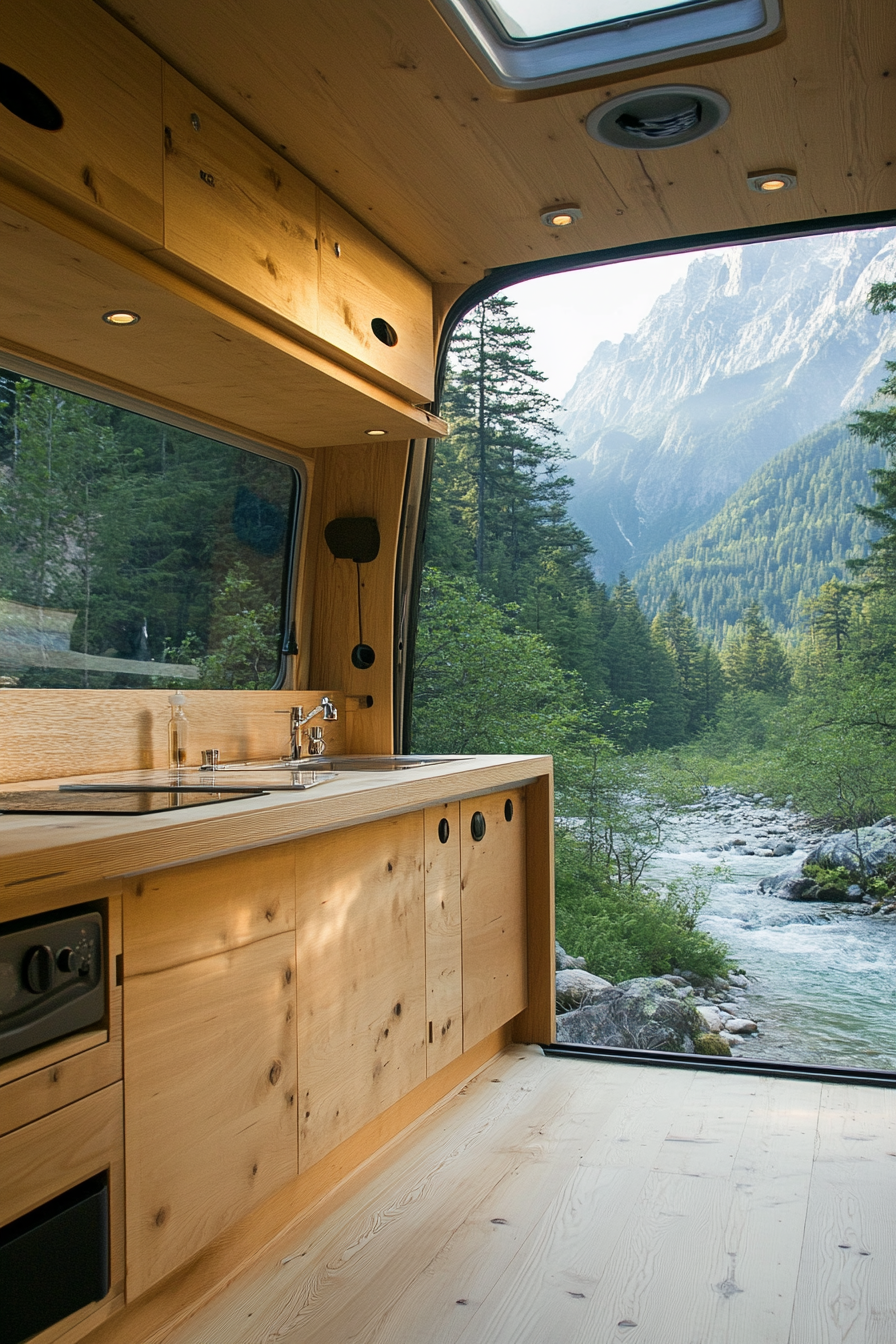 Dodge Ram Van interior. White oak cabinetry with hidden pulls, overlooking a mountain stream camp.
