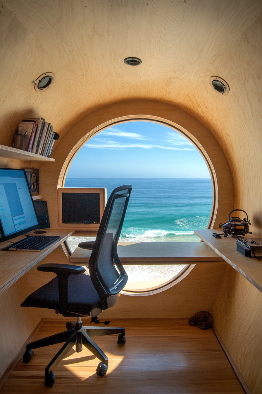 Teardrop trailer office. Expandable side, built-in standing desk, looking out to blue ocean.