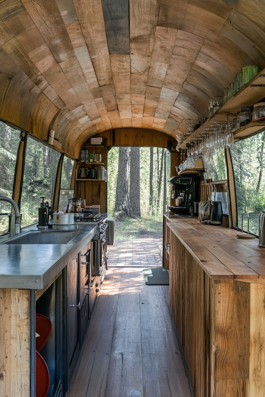 Short Bus Interior. Reclaimed wood paneling, steel counters, amid a forest camping ground.