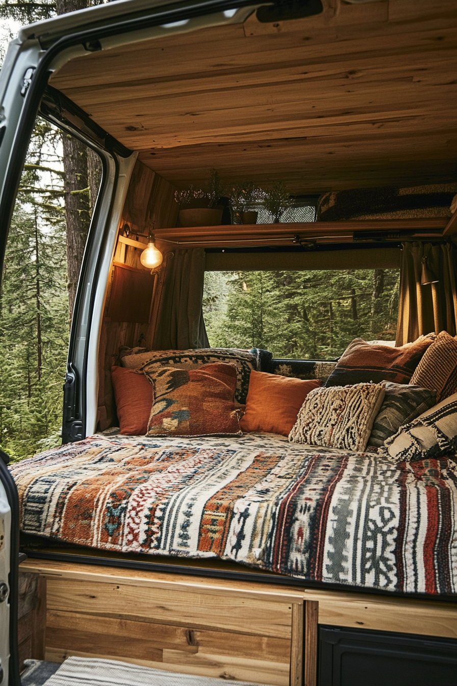 Ford Transit conversion. Convertible bed-to-lounge, woven textiles, surrounded by a pine forest.