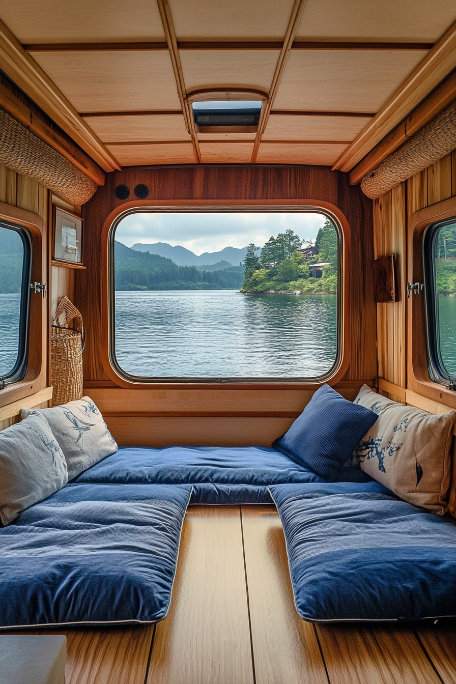 Airstream Classic interior. Wooden shoji screen divider, Indigo floor cushions, lakeside view through window.