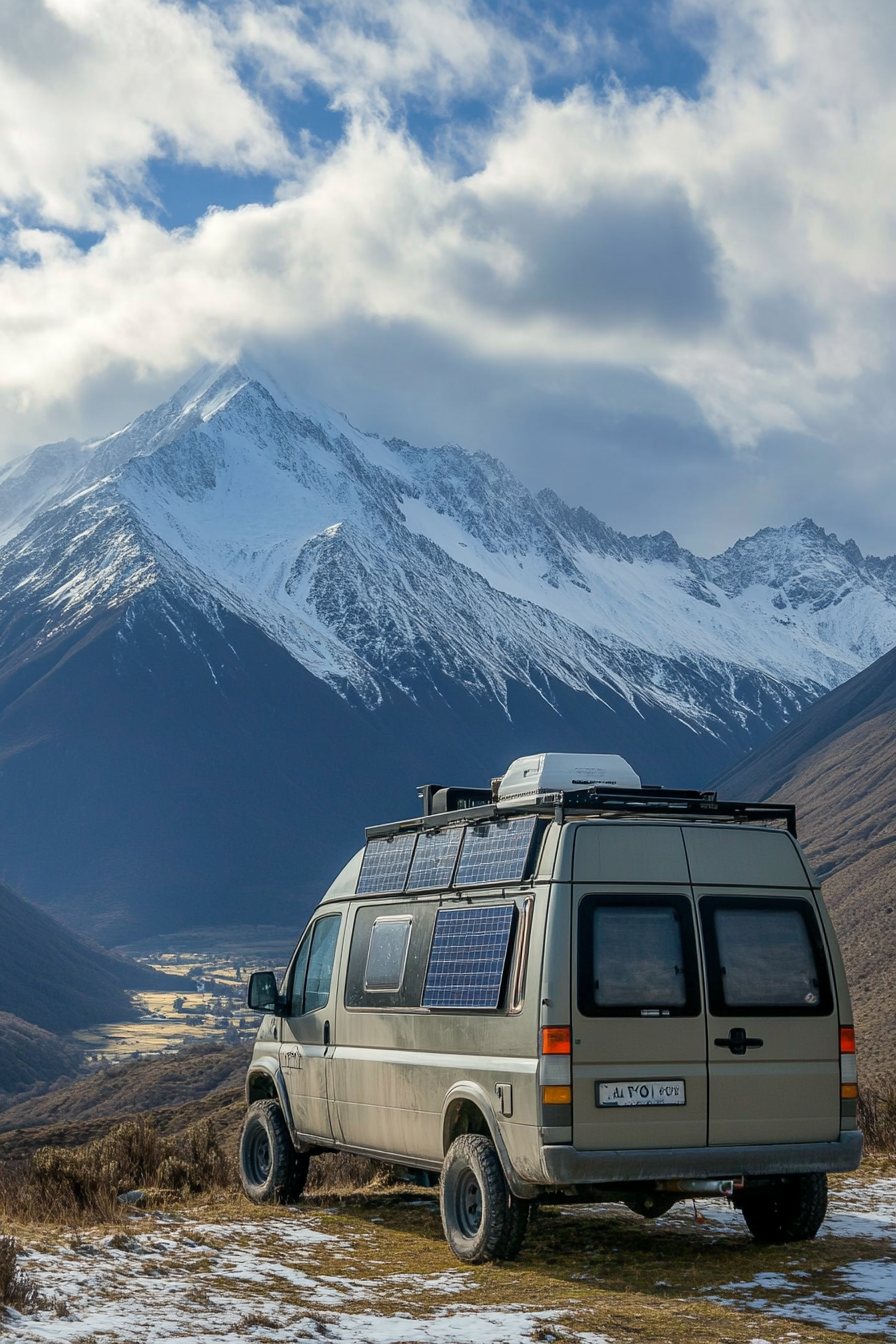 4x4 Sprinter setup. Solar system with a water filtration facing a snow-capped mountain.