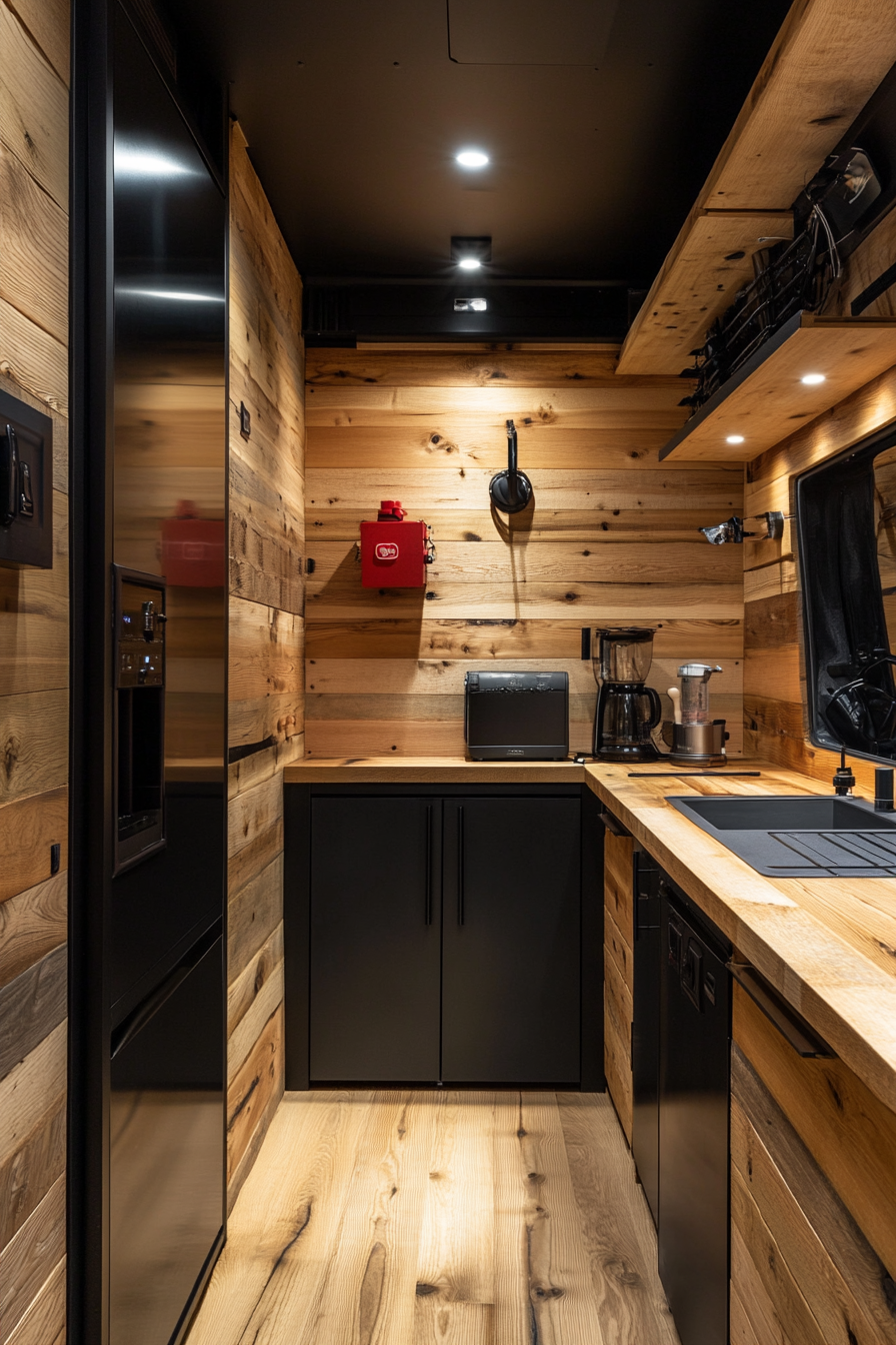 Sprinter 170 interior. Cedar-lined walls, black hardware, mountain ridge basecamp theme.