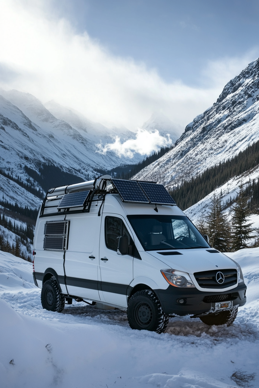 4x4 Sprinter. Solar system with water filtration on snow-capped summit.