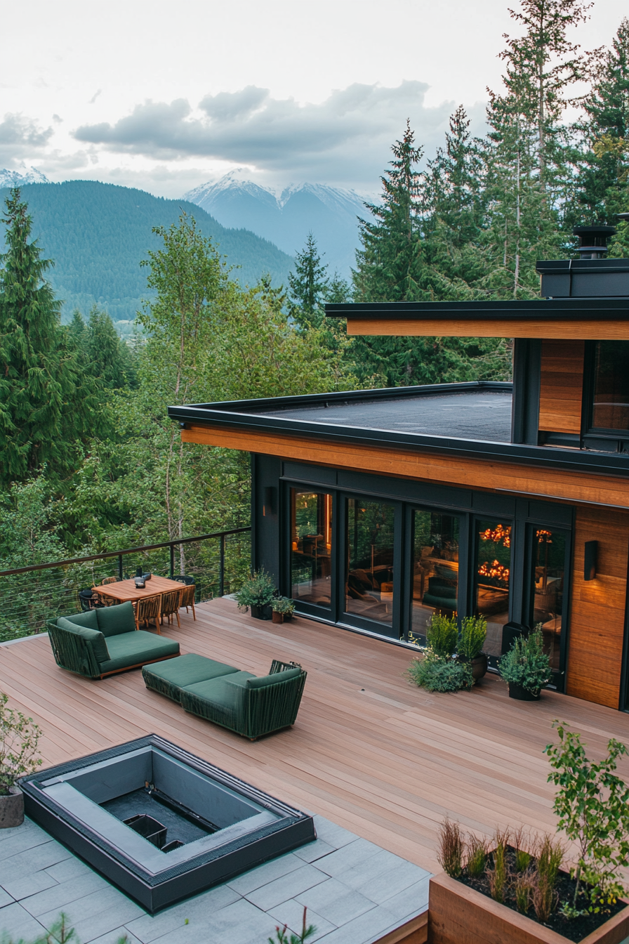 Split-level design. Large rooftop deck with forest green furnishings, mountaintop parking, valley vista.