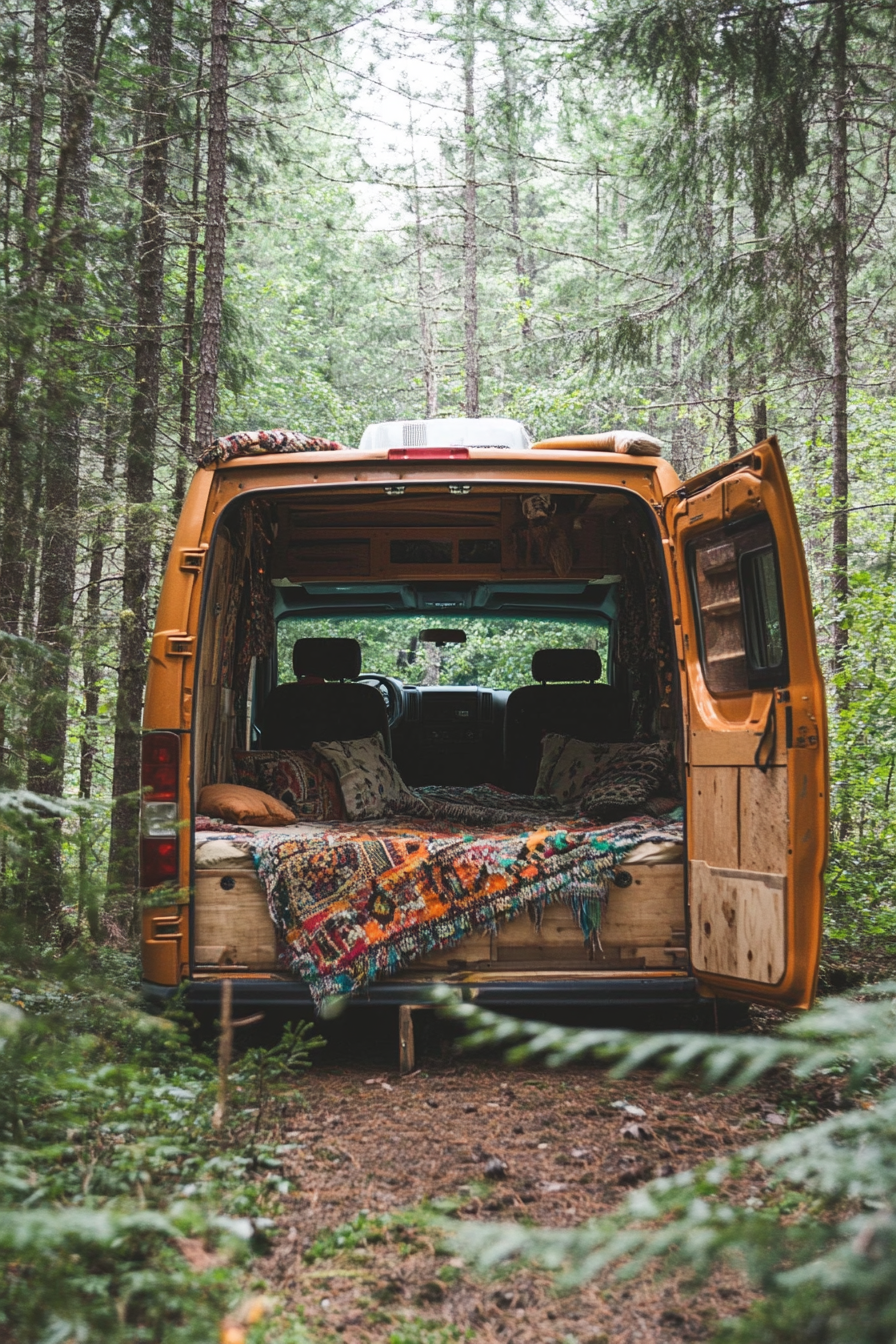 Ford Transit conversion. Woven textile bed-to-lounge, surrounded by dense pine forest.