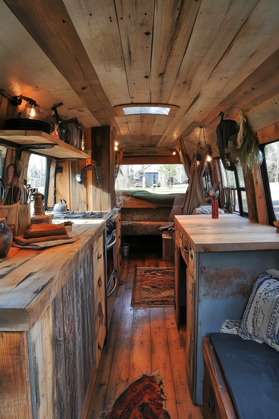 Short Bus Interior. Reclaimed wood cabinets, steel accents, forest camping ground.