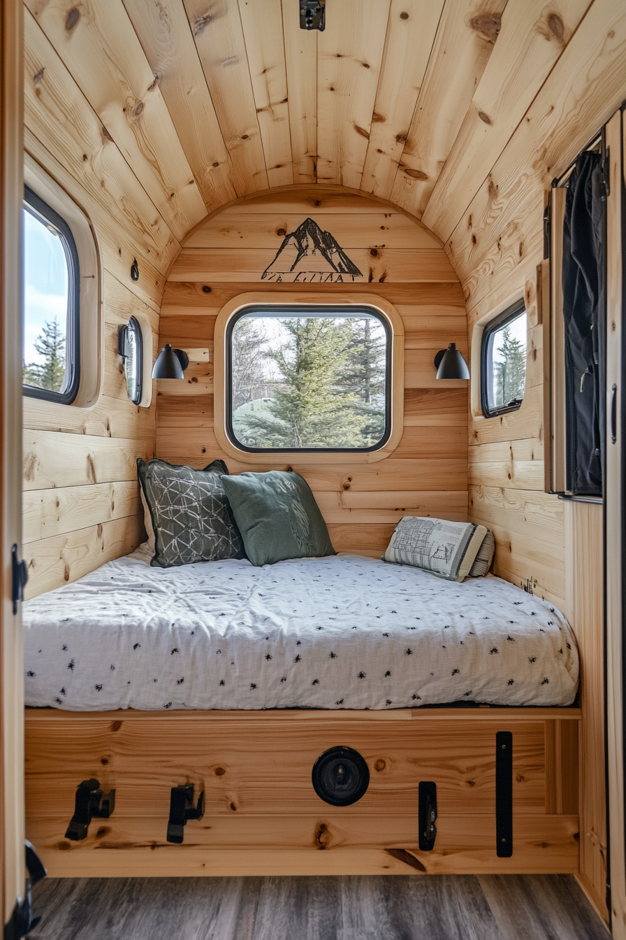 Sprinter 170. Cedar walls with black hinges, united with a Mountain Ridge Basecamp scene.