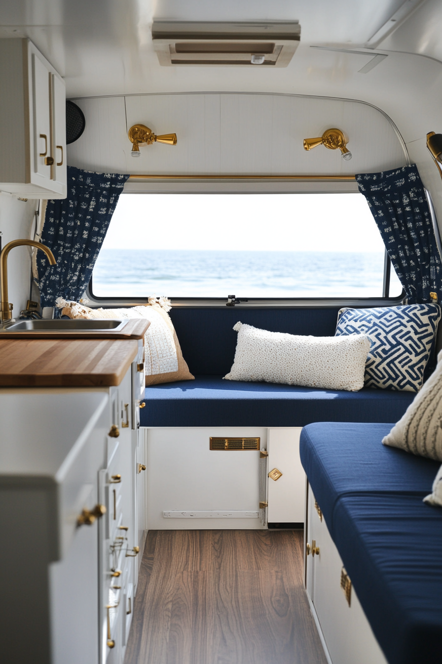 Travel trailer interior. Navy upholstery, white cabinets, brass handles, parked by a sandy beach.