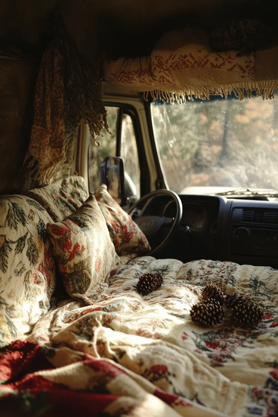 Ford Transit convertible bed to lounge. Woven textiles, strewn pine cones, shaft of sunlight.