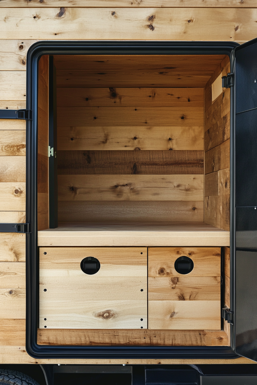 Sprinter 170. Cedar walls, black hardware, Mountain Ridge Basecamp interior.