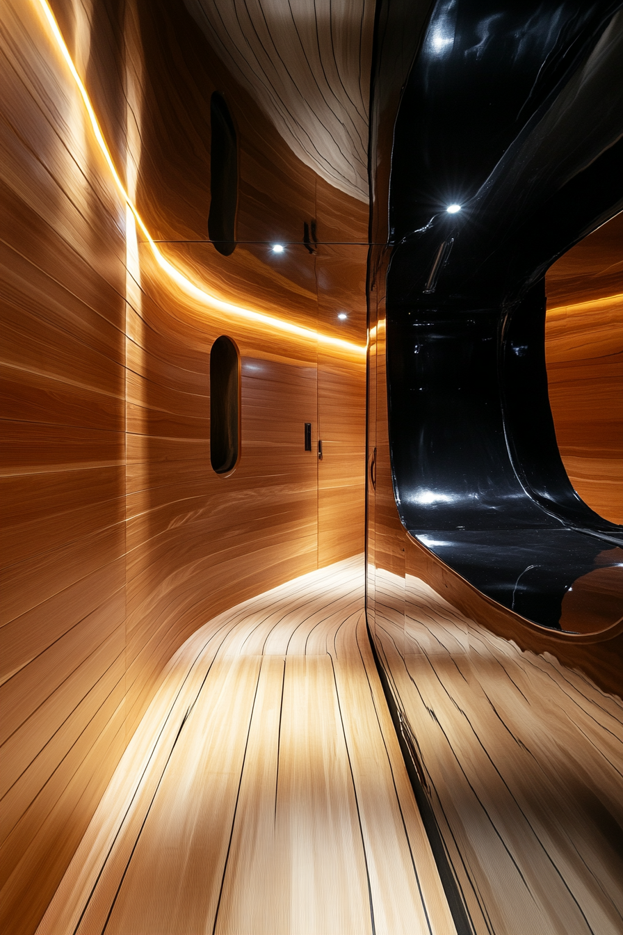 Sprinter 170 interior. Polished cedar walls adjourned with glossy black finishes, depicting Mountain Ridge Basecamp.