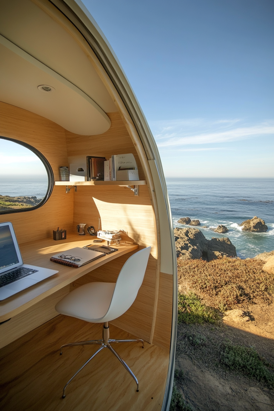 Teardrop trailer office. Expandable side with built-in standing desk, overlooking the ocean.