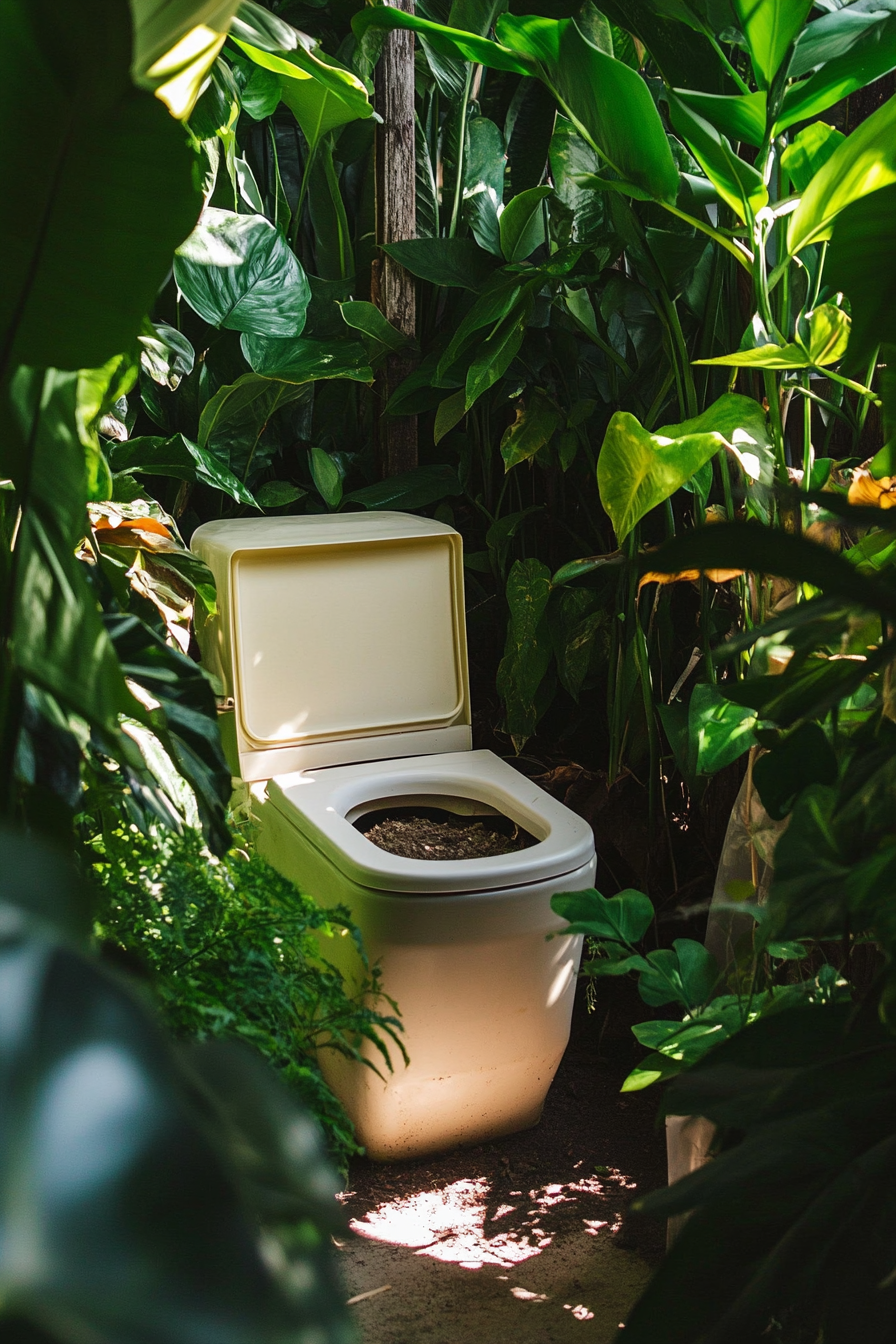 Transit Connect. Built-in-composting toilet positioned beside lush green plants.