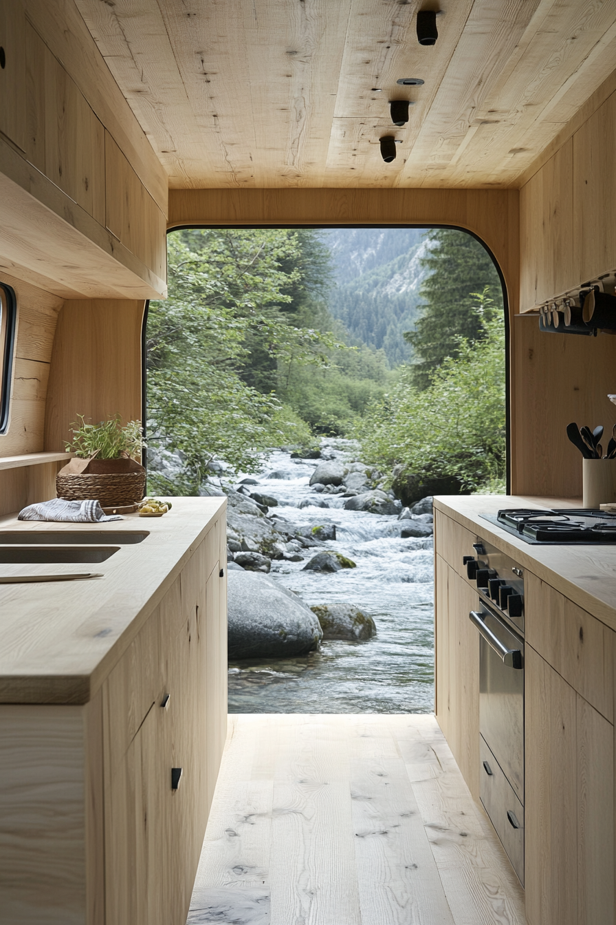 Dodge Ram Van Interior. White oak cabinetry with hidden pulls overlooking a mountain stream camp.