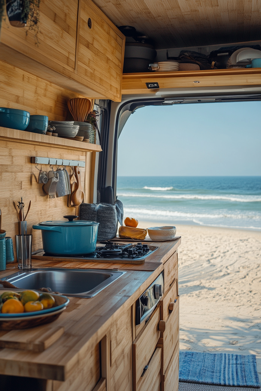 Mercedes Sprinter. Bamboo counter with blue cookware against sandy beach backdrop.
