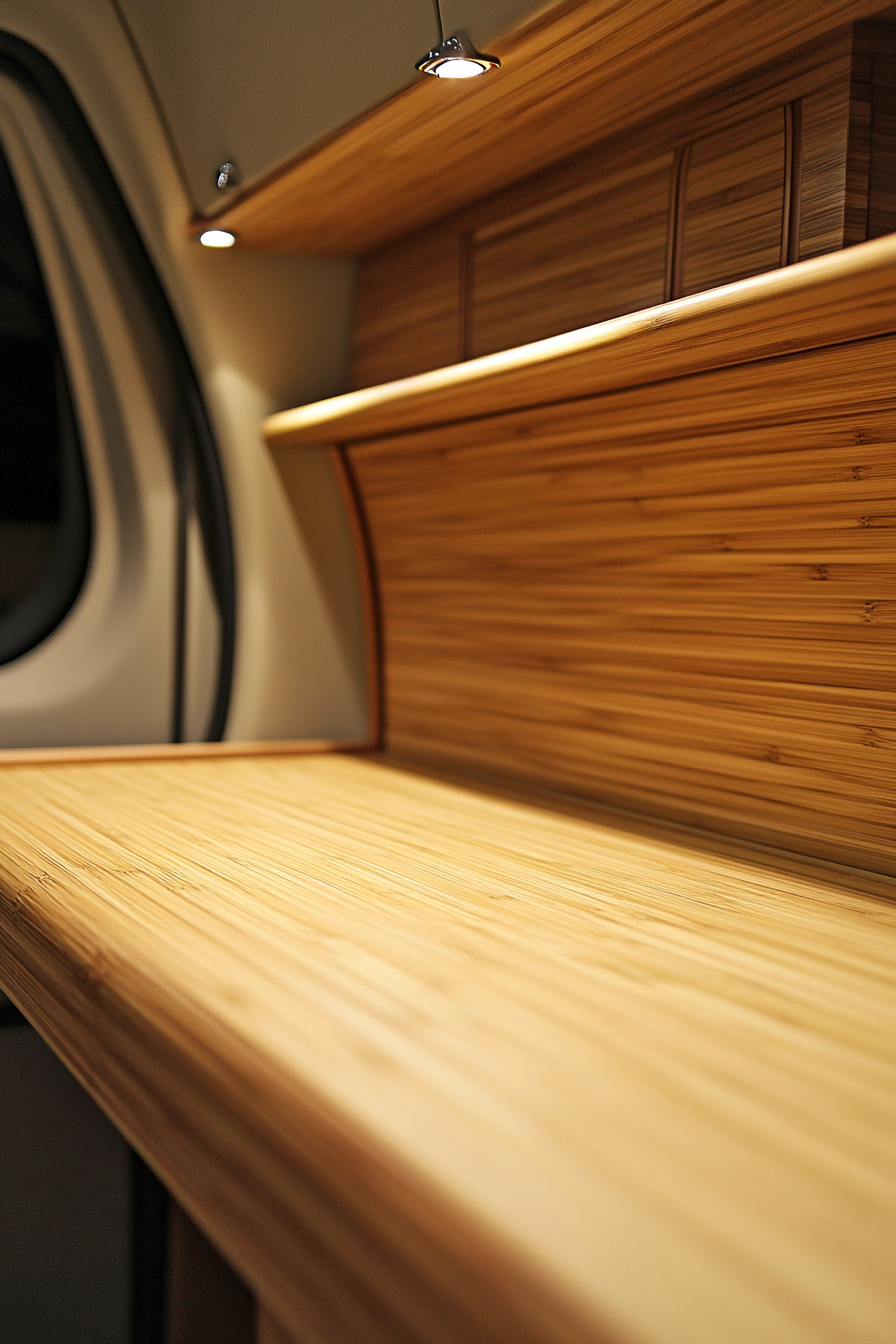 Mercedes Sprinter interior. Bamboo fold-down counter by beachside.