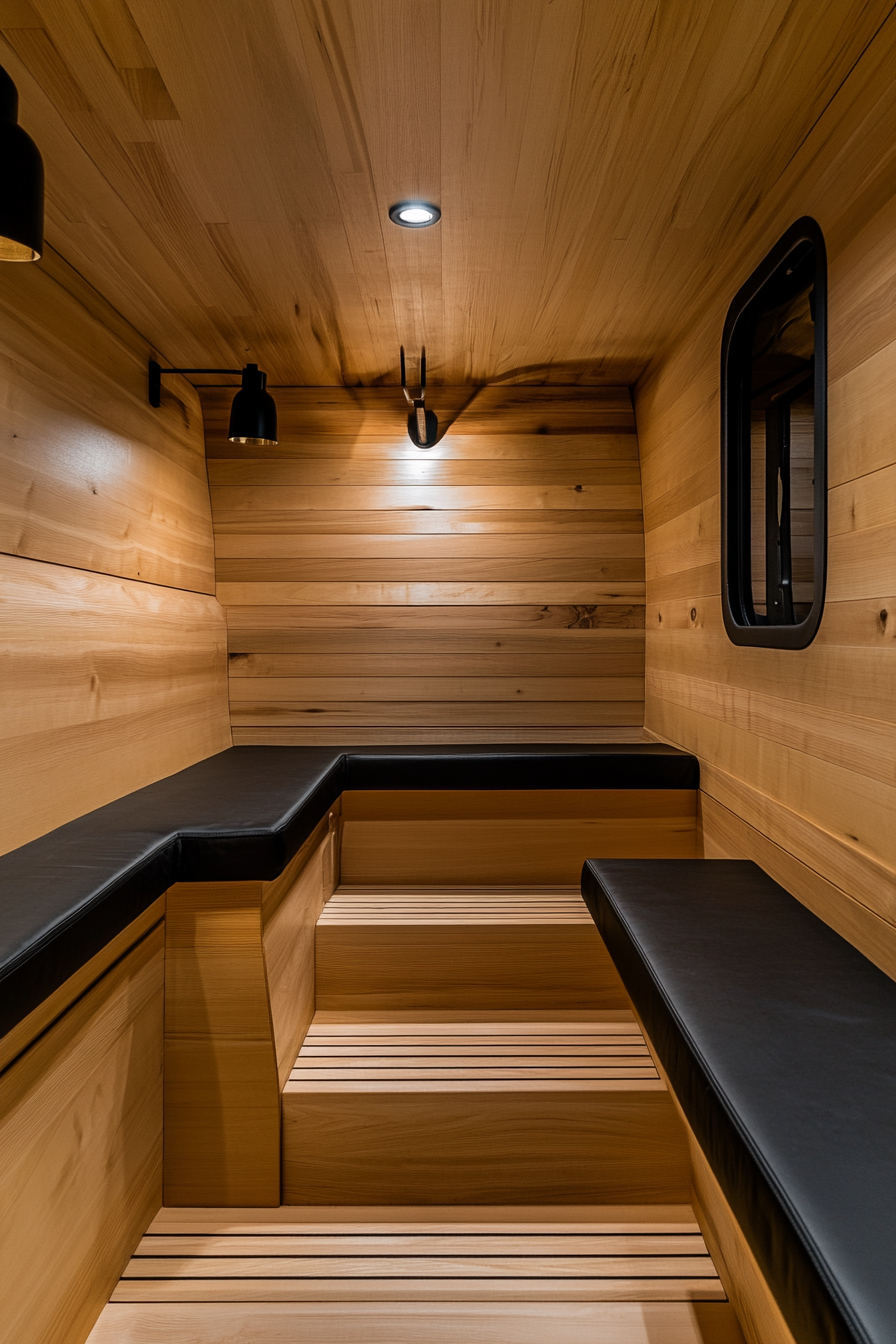 Sprinter 170 interior. Cedar-lined walls, black hardware, Mountain Ridge Basecamp theme.