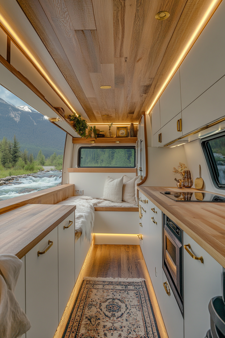 Dodge Ram Van Interior. White oak cabinetry with brass hidden pulls, featuring a mountainside stream background.