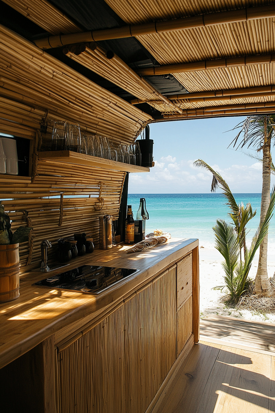 Mercedes Sprinter interior. Bamboo counters with fold-down feature, beachside.