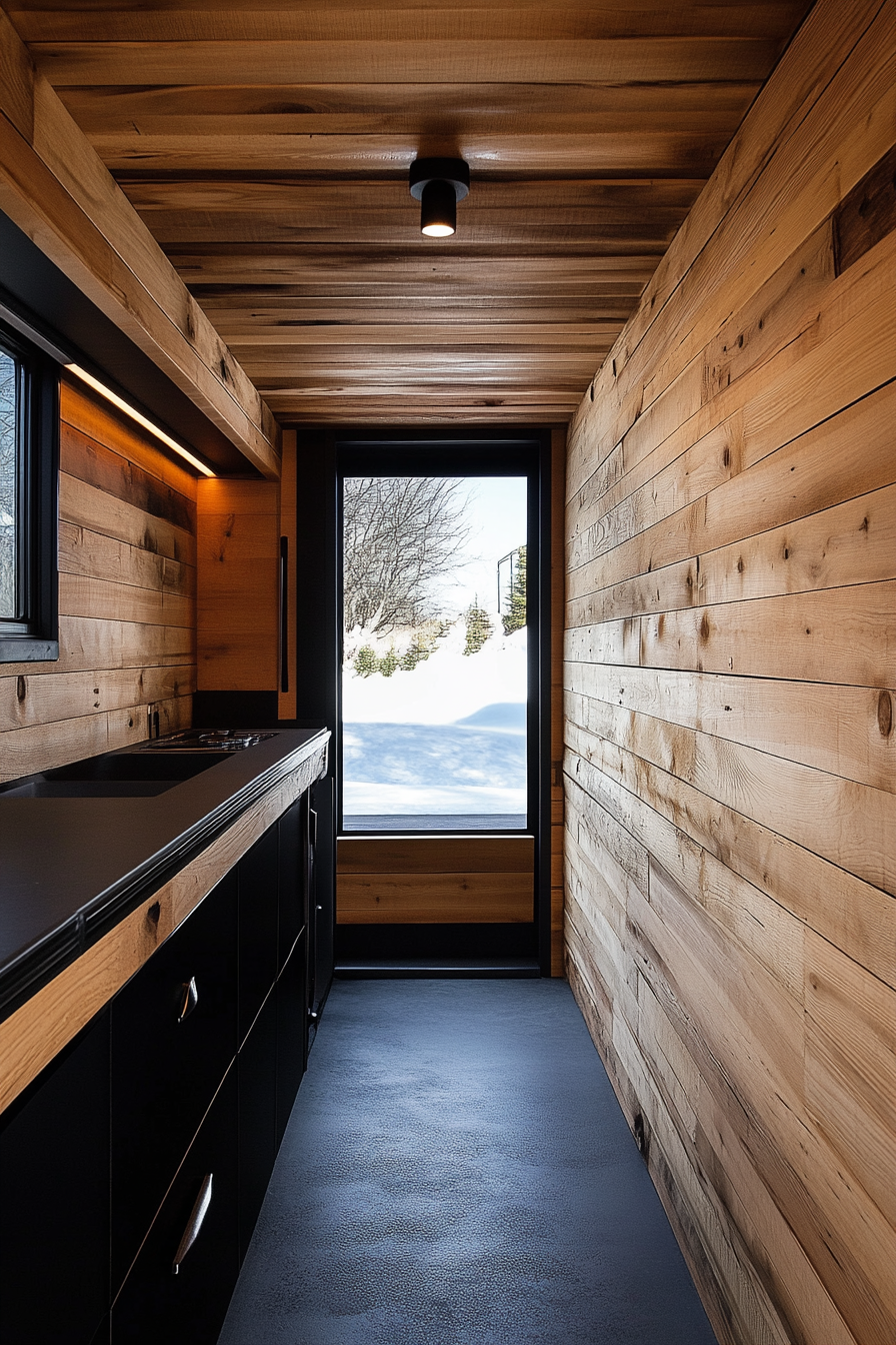 Sprinter 170 interior. Cedar-lined walls, black hardware, Mountain Ridge Basecamp.