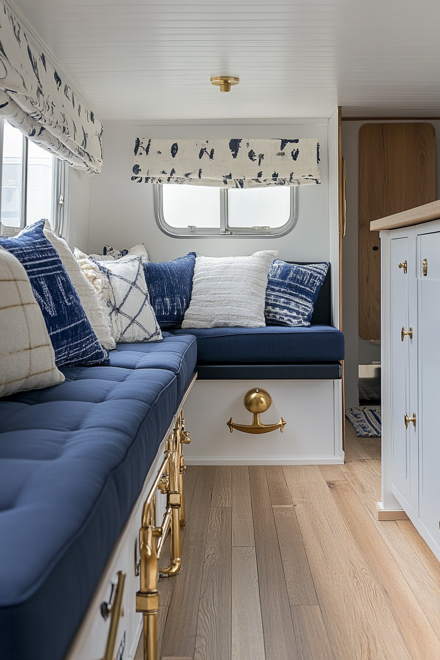 Travel trailer interior. Navy cushioned seating with white oak flooring and brass nautical accents.