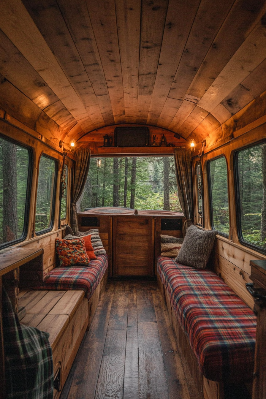Short Bus Interior. Oak paneling, plaid cushions, surrounded by Douglas fir trees.