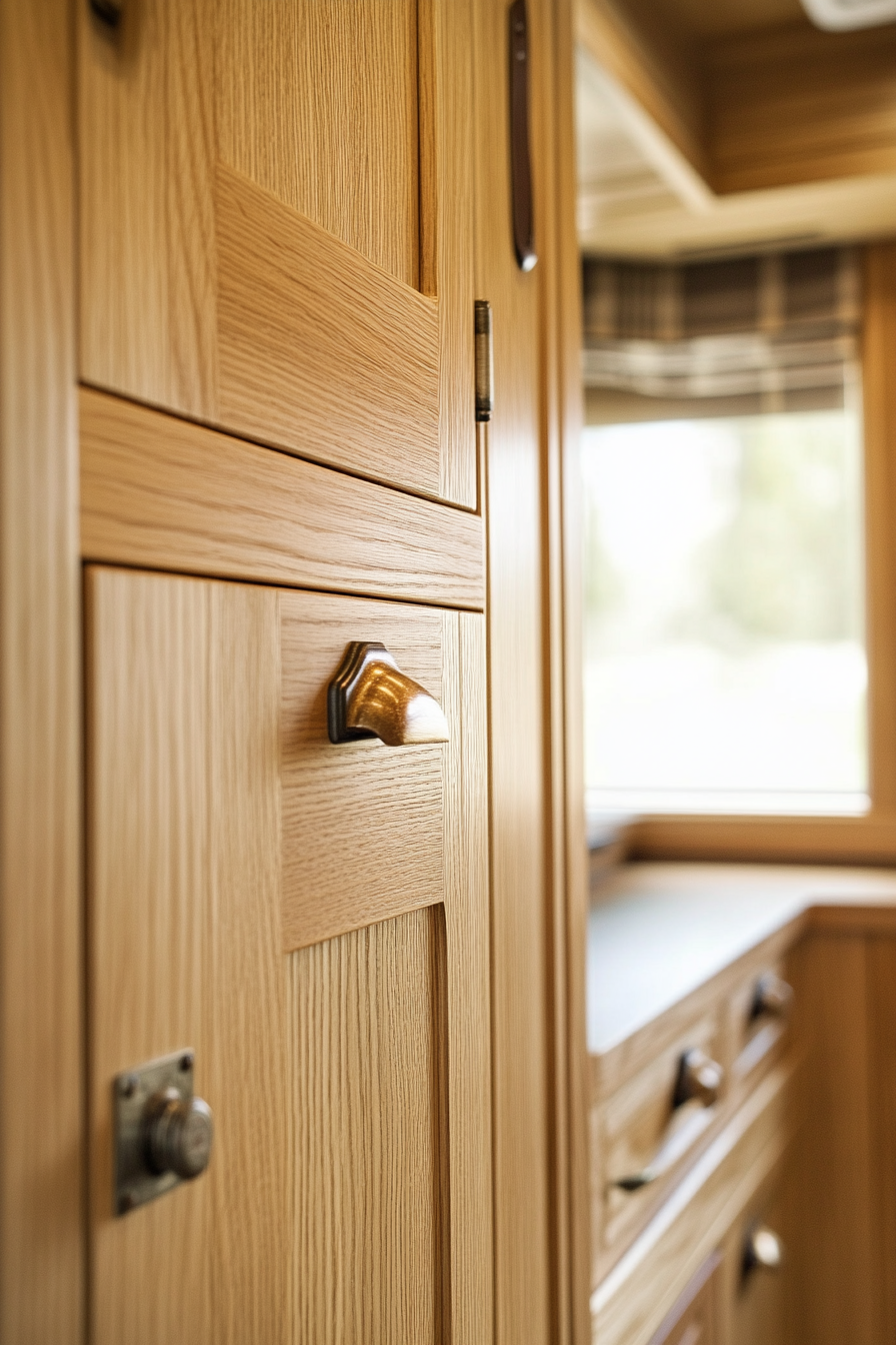 Dodge Ram Van conversion. White Oak Cabinetry, Hidden Pulls, by Mountain Stream Camp.