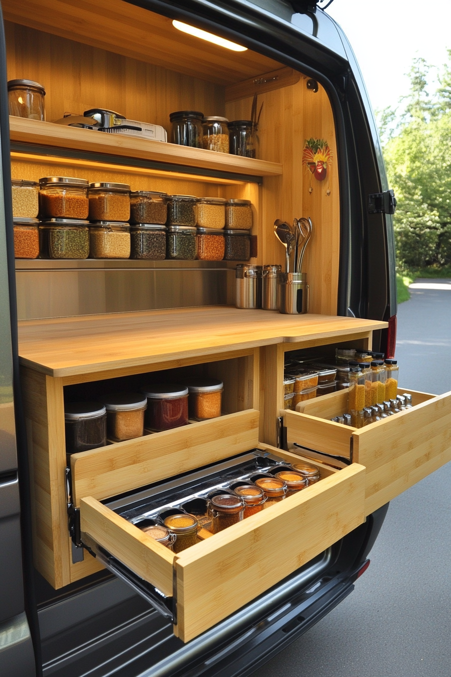 Mercedes Sprinter. Fold-down bamboo counter near open slider door, spices on vertical rack.