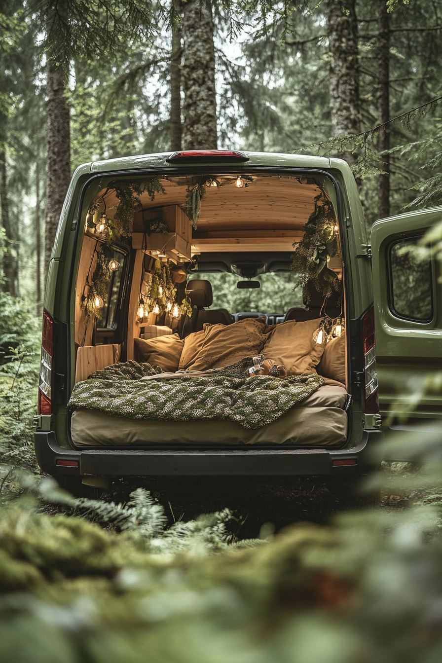 Ford Transit Convertible Bed-to-Lounge. Olive green woven textiles in a pine scented forest.