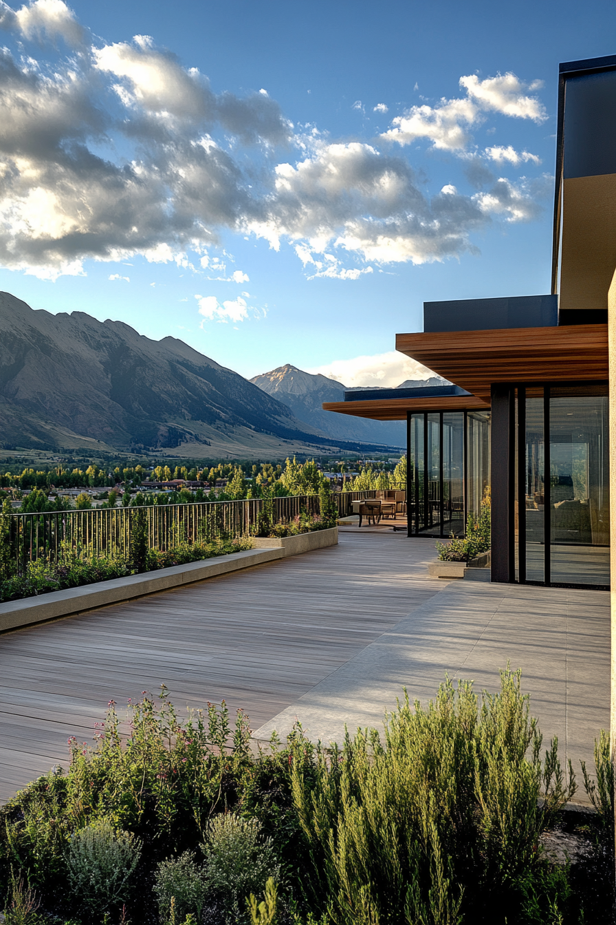 Split-level design. Rooftop deck with mountain view, valley vista observed from elevated car park.