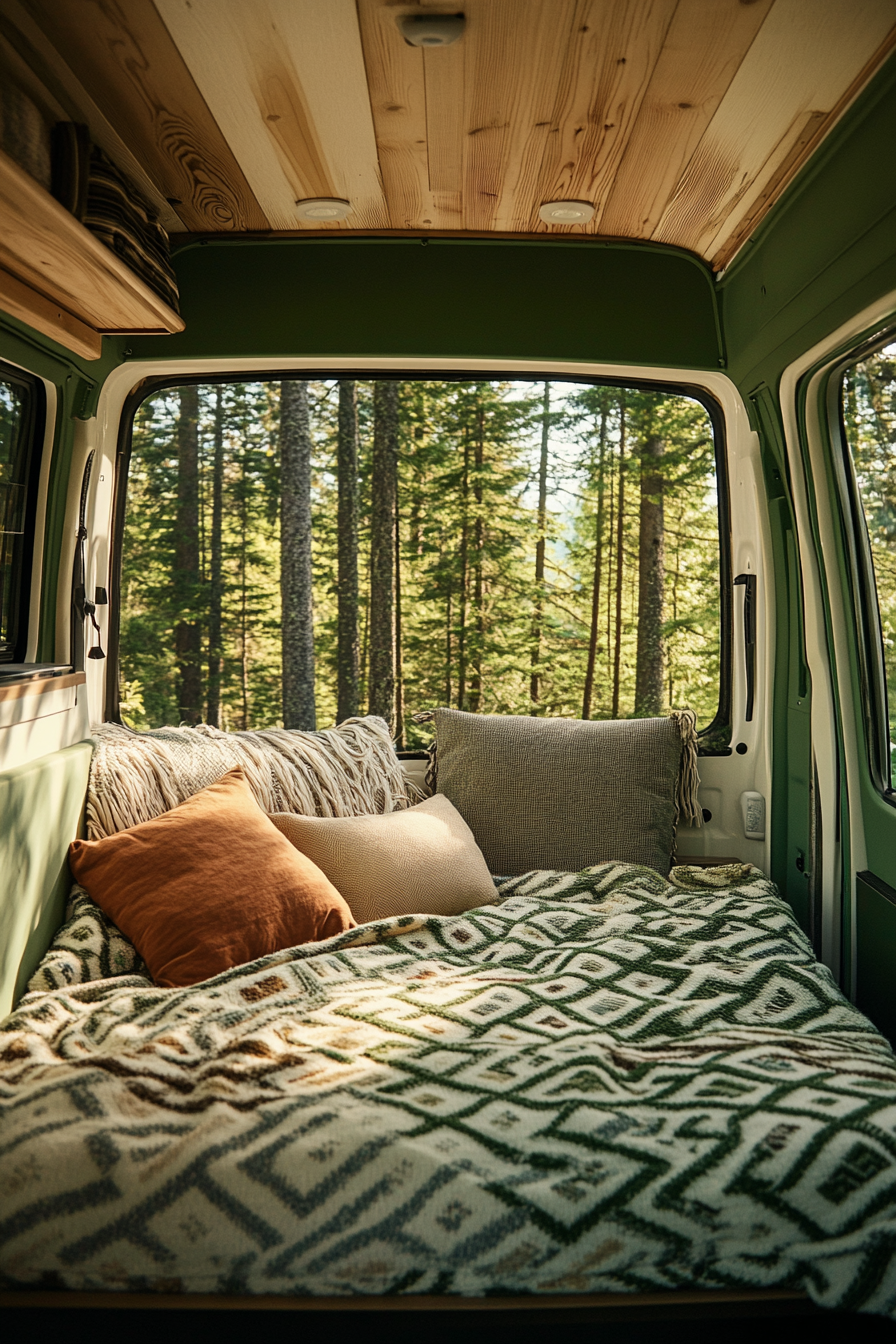 Ford Transit design. Convertible bed-to-lounge with wavy woven textiles, overlooked by saturated green pine trees.