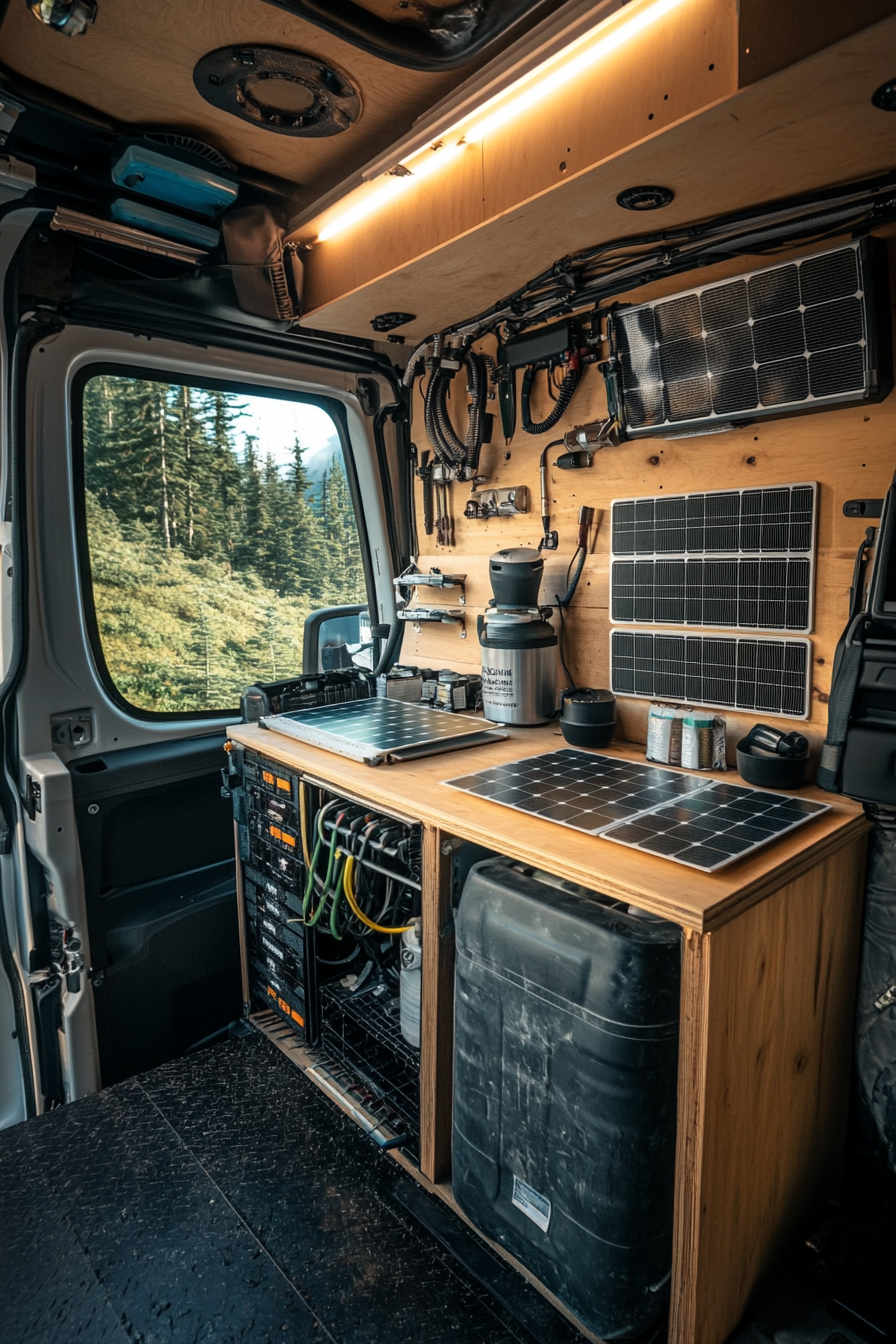 4x4 Sprinter Setup. Solar panel arrays with natural filter-equipped mountain spring water purification station.