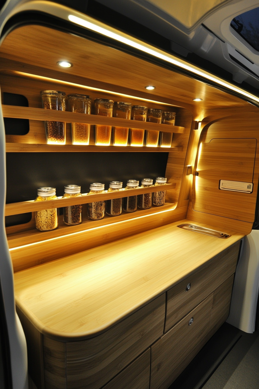 Mercedes Sprinter interior. Bamboo counters with fold-down feature, displaying vertical spice racks.