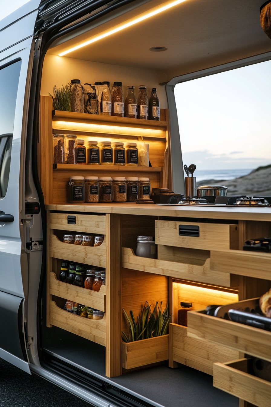 Mercedes Sprinter interior. Fold-down bamboo counters with vertical spice racks near beachside cooking setup.