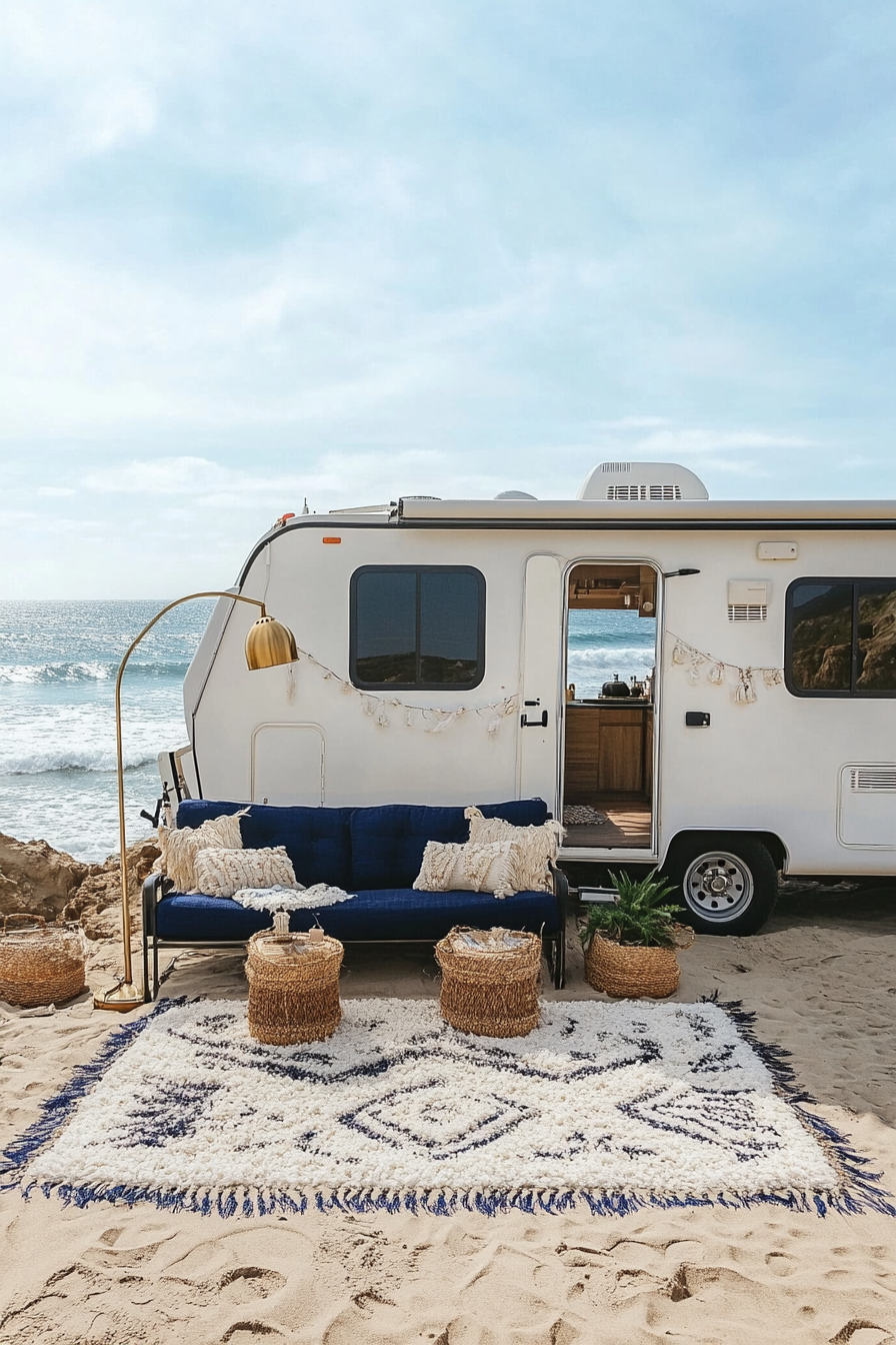Travel trailer. Navy couch, white rug, brass lamp, parked on sand near an ocean.