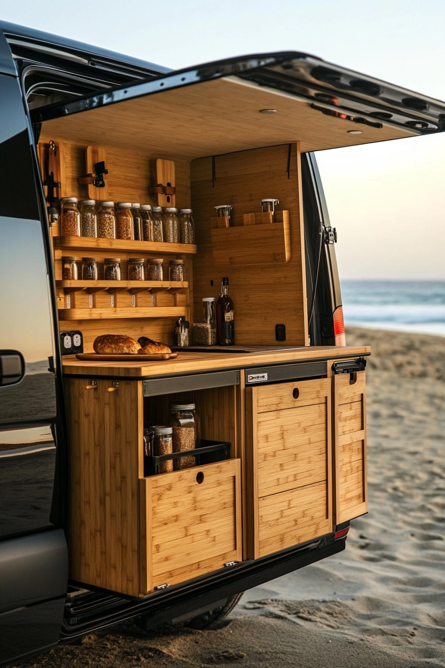 Mercedes Sprinter interior. Bamboo fold-down counters with vertical spice racks, parked beachside.