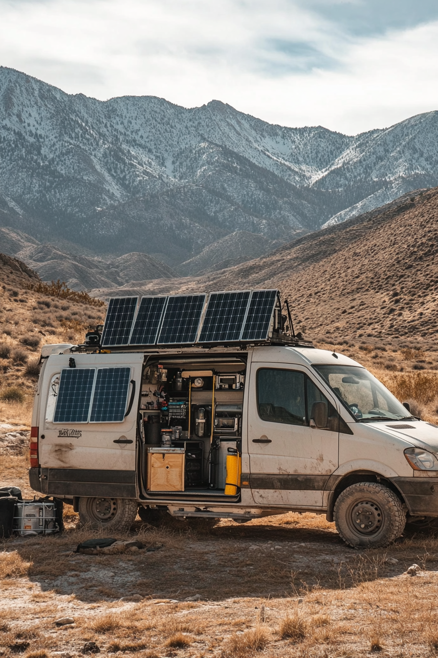 4x4 Sprinter setup. Solar panel system, water filtration, perched atop remote mountain.