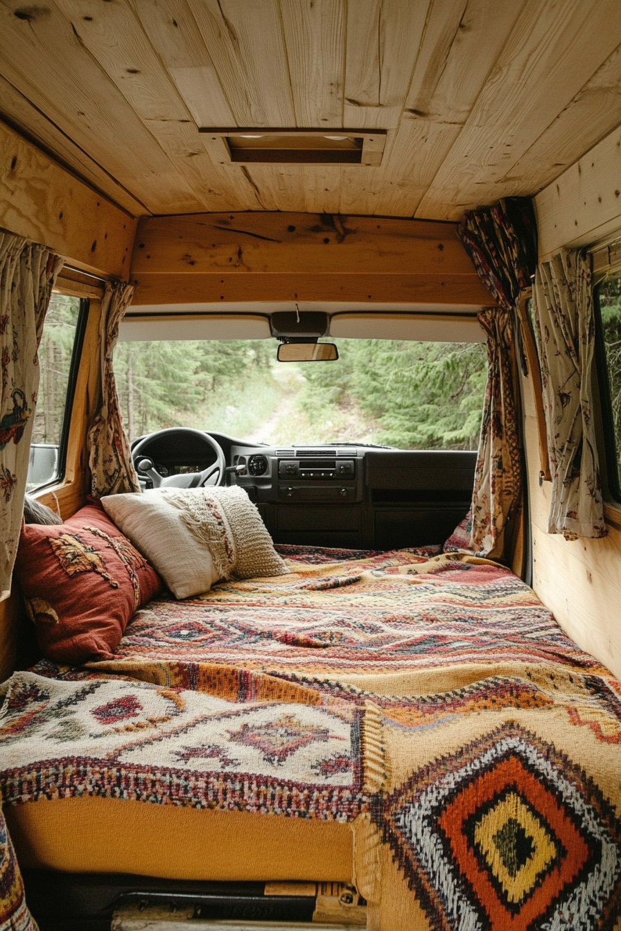 Ford Transit interior. Convertible bed-to-lounge with woven textiles in a pine forest.