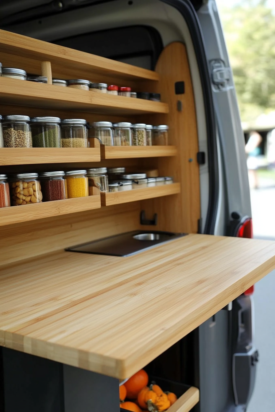 Mercedes Sprinter interior. Fold-down bamboo counters with vertical spice racks.