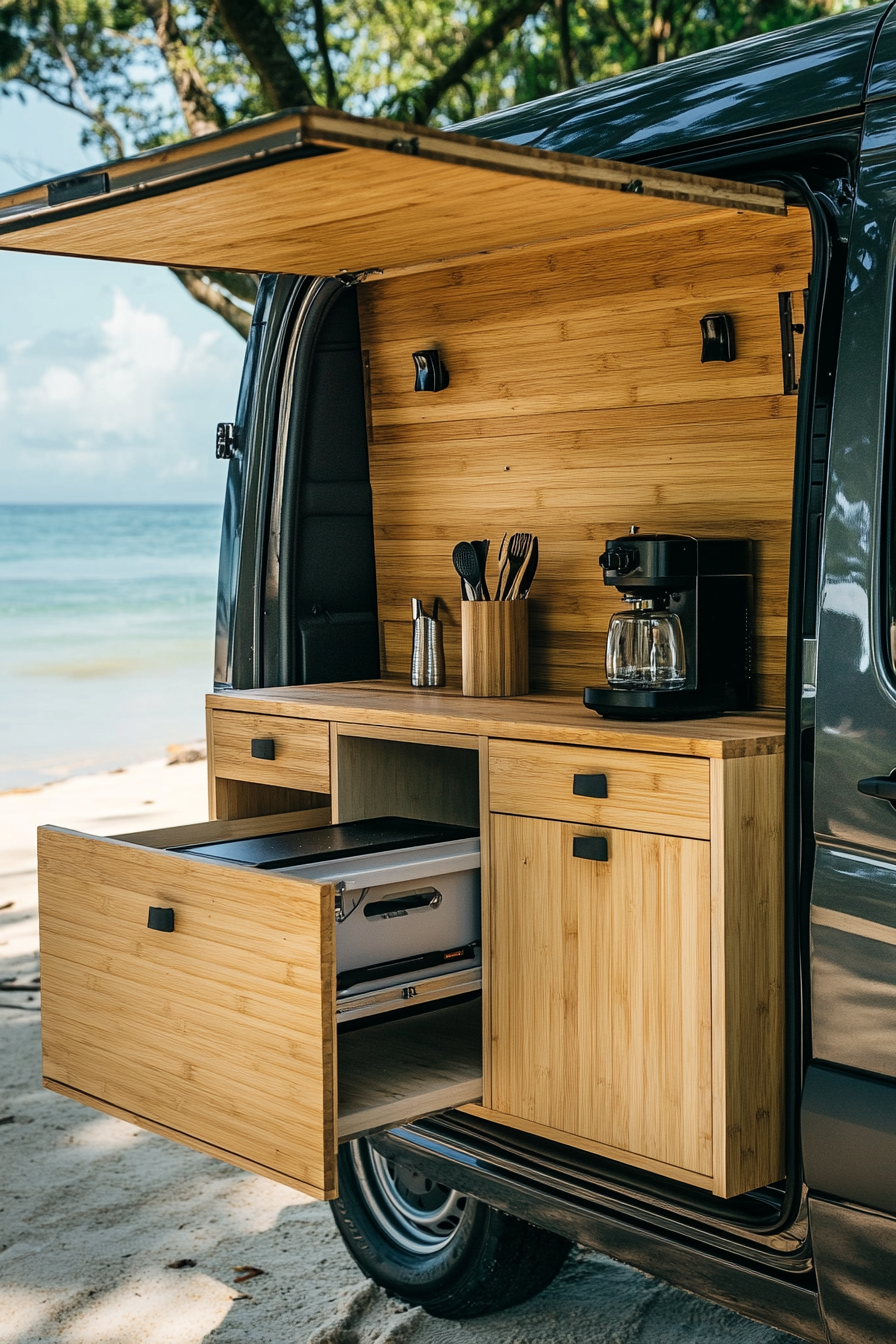 Mercedes Sprinter. Fold-down Bamboo counter with a blender, beachside.
