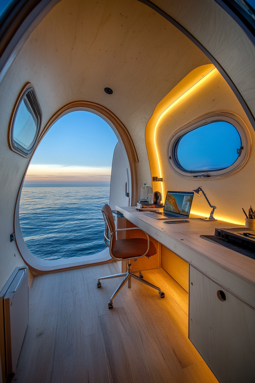 Teardrop trailer office. Extendable sides, built-in standing desk, facing blue ocean.