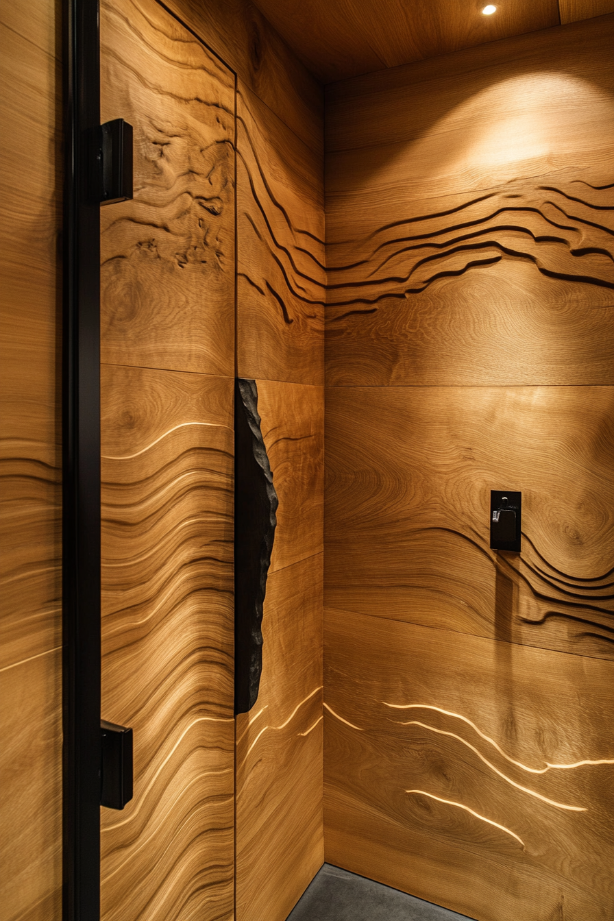 Sprinter 170 Interior. Cedar-lined walls, mountain ridge basecamp, and contrasting black hardware.