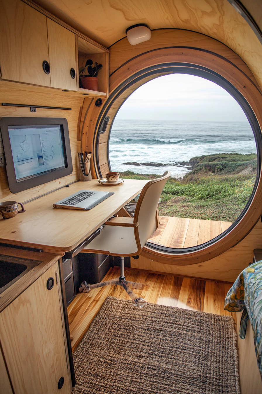 Teardrop Trailer. Expandable side office, standing desk by ocean view window.